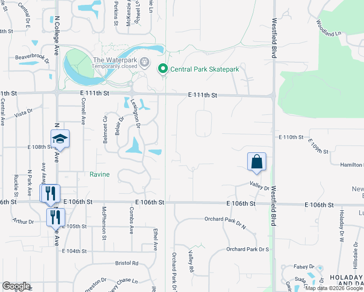 map of restaurants, bars, coffee shops, grocery stores, and more near 10680 Highland Drive in Indianapolis