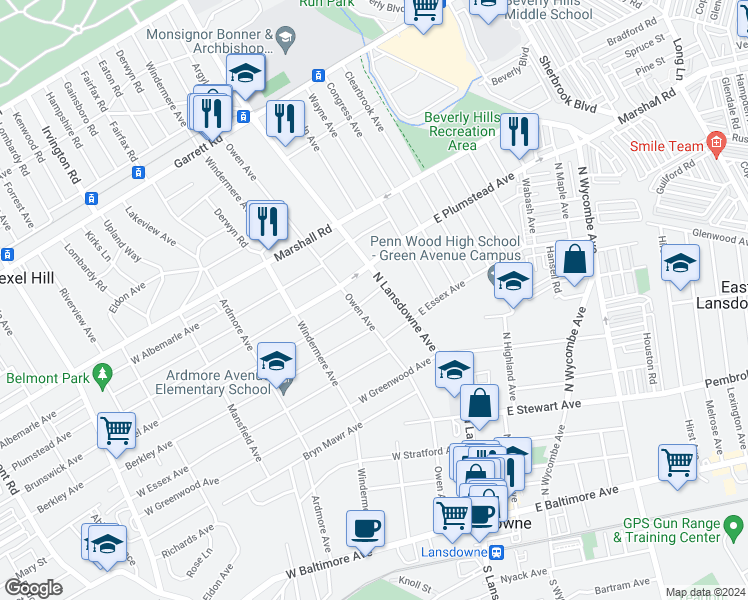 map of restaurants, bars, coffee shops, grocery stores, and more near 6 Drexel Avenue in Lansdowne