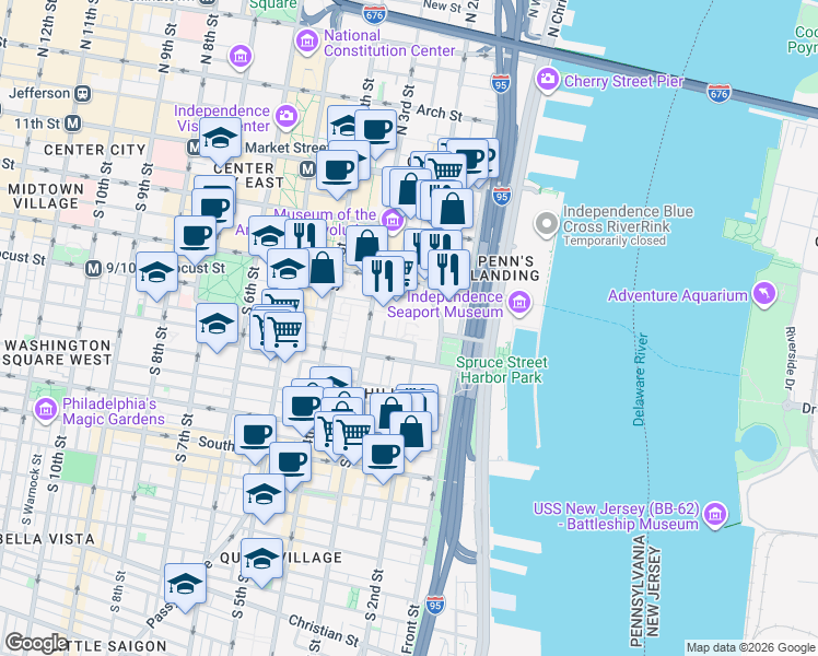 map of restaurants, bars, coffee shops, grocery stores, and more near 210 Locust Street in Philadelphia