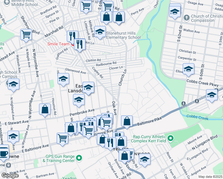 map of restaurants, bars, coffee shops, grocery stores, and more near 7101 Atlantic Avenue in Upper Darby