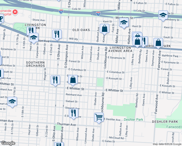 map of restaurants, bars, coffee shops, grocery stores, and more near 1019 Linwood Avenue in Columbus