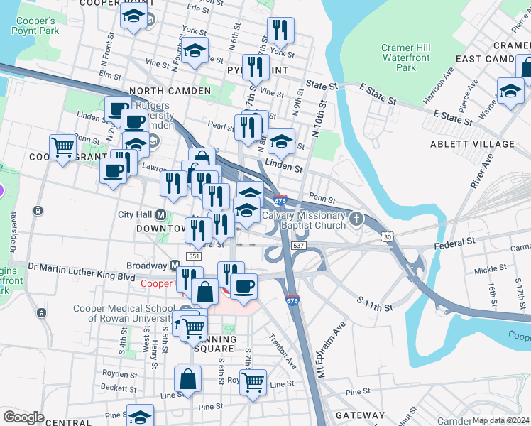 map of restaurants, bars, coffee shops, grocery stores, and more near 821 Market Street in Camden