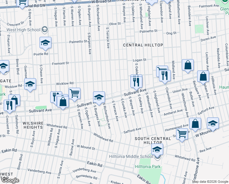 map of restaurants, bars, coffee shops, grocery stores, and more near 2496 Sullivant Avenue in Columbus