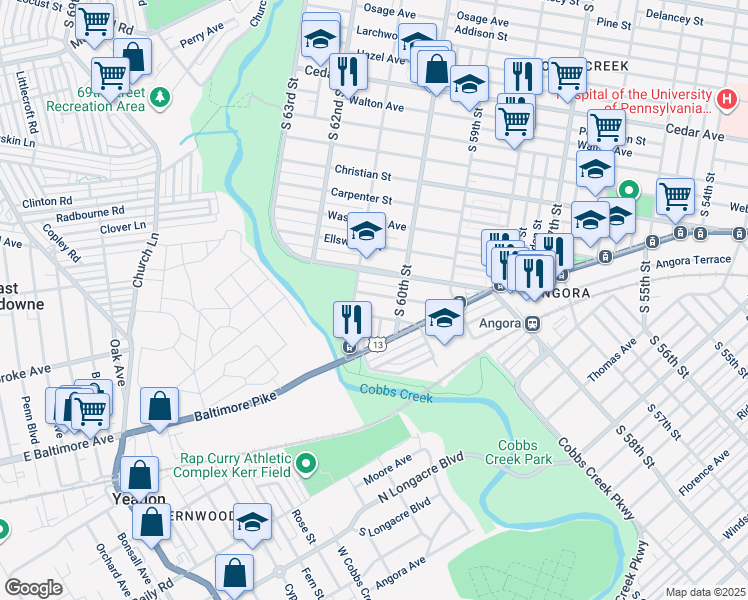 map of restaurants, bars, coffee shops, grocery stores, and more near 6034 Latona Street in Philadelphia
