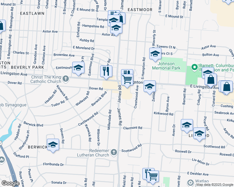 map of restaurants, bars, coffee shops, grocery stores, and more near 1263 South James Road in Columbus