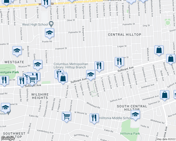 map of restaurants, bars, coffee shops, grocery stores, and more near 464 South Burgess Avenue in Columbus