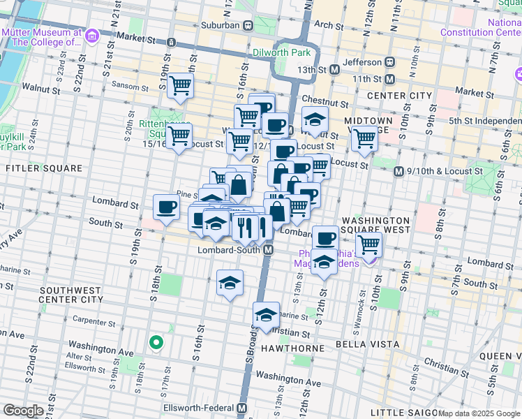 map of restaurants, bars, coffee shops, grocery stores, and more near 1414 Pine Street in Philadelphia