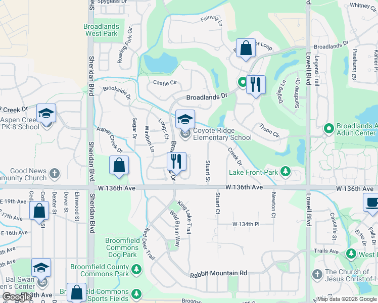 map of restaurants, bars, coffee shops, grocery stores, and more near 4580 Maroon Circle in Broomfield