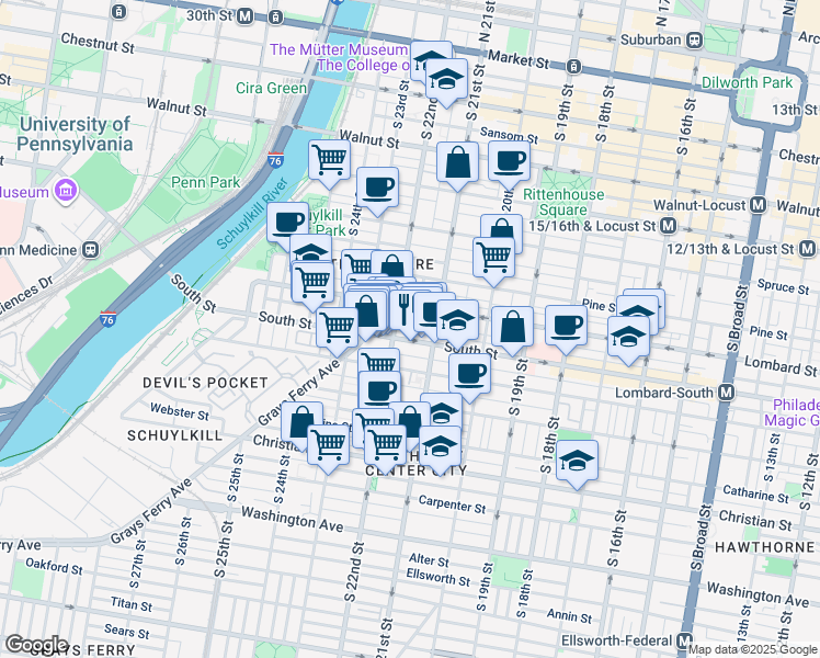 map of restaurants, bars, coffee shops, grocery stores, and more near 2127 Rodman Street in Philadelphia