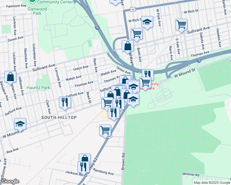 map of restaurants, bars, coffee shops, grocery stores, and more near 1498 West Mound Street in Columbus