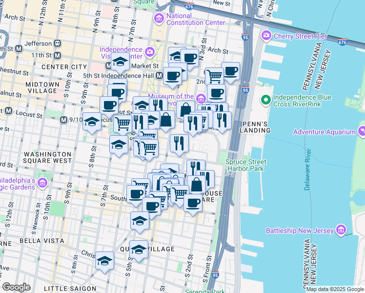 map of restaurants, bars, coffee shops, grocery stores, and more near 250 South 3rd Street in Philadelphia