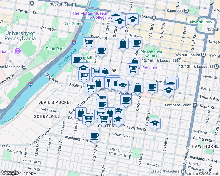 map of restaurants, bars, coffee shops, grocery stores, and more near 2146 South Street in Philadelphia