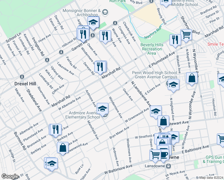 map of restaurants, bars, coffee shops, grocery stores, and more near 63 West Plumstead Avenue in Lansdowne