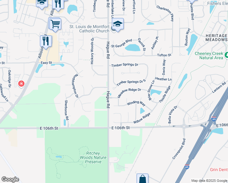 map of restaurants, bars, coffee shops, grocery stores, and more near 7536 Meadow Ridge Drive in Fishers