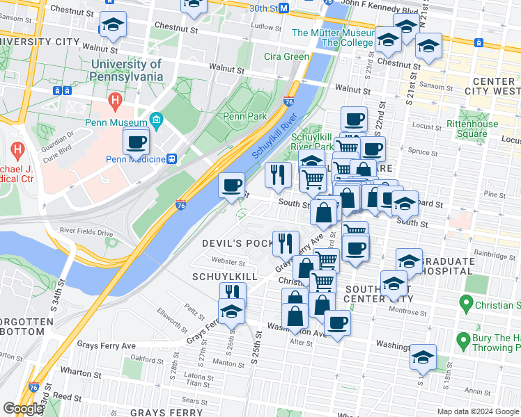 map of restaurants, bars, coffee shops, grocery stores, and more near 615 Schuylkill Avenue in Philadelphia