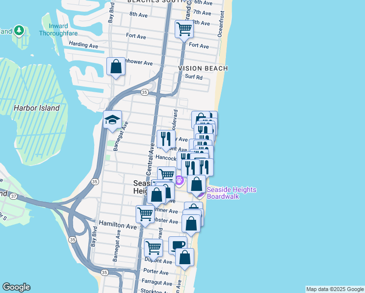 map of restaurants, bars, coffee shops, grocery stores, and more near 35 Fremont Avenue in Seaside Heights