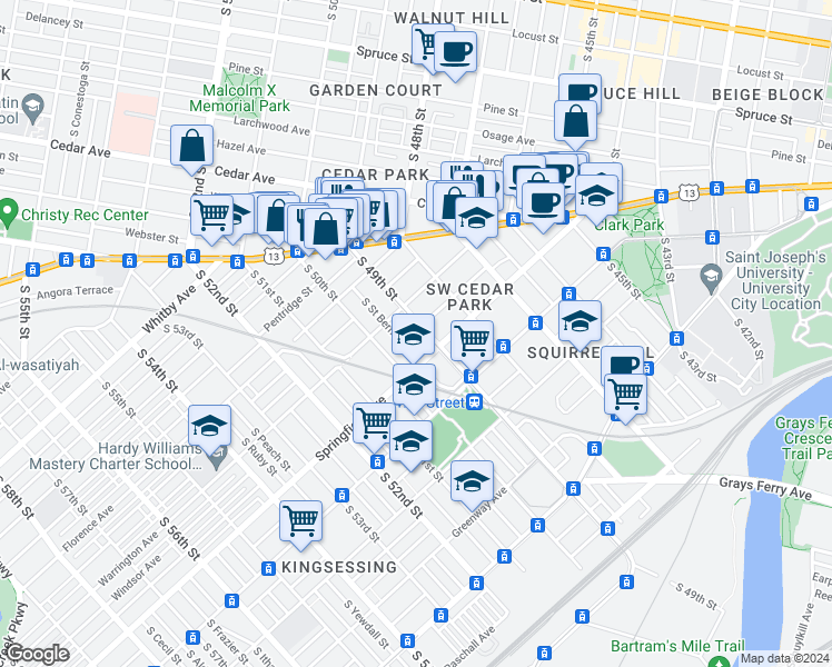 map of restaurants, bars, coffee shops, grocery stores, and more near 930 South Saint Bernard Street in Philadelphia