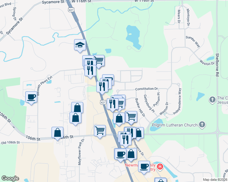 map of restaurants, bars, coffee shops, grocery stores, and more near 3878 Cornwallis Lane in Carmel