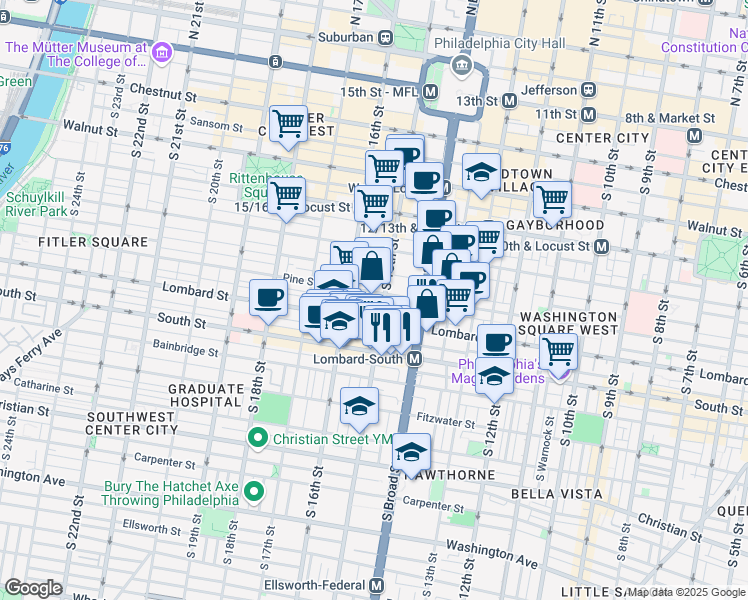 map of restaurants, bars, coffee shops, grocery stores, and more near 1431 Lombard Street in Philadelphia