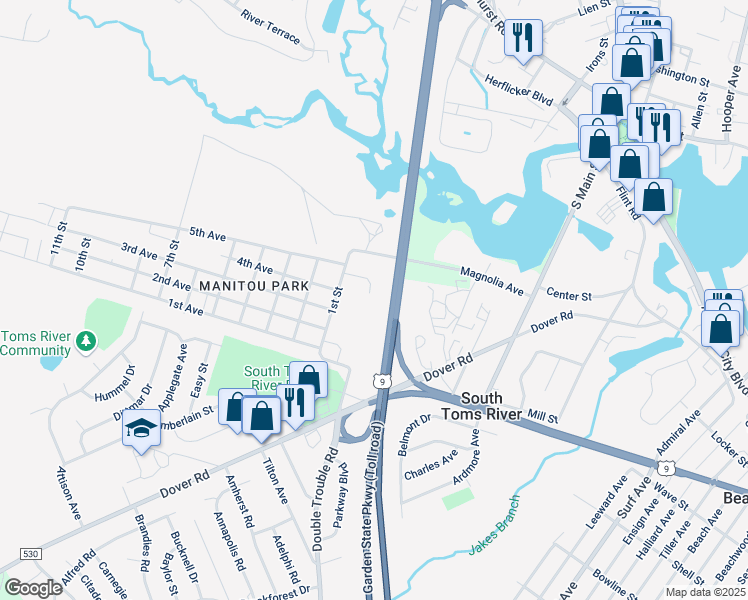 map of restaurants, bars, coffee shops, grocery stores, and more near 16 Red Maple Court in Toms River