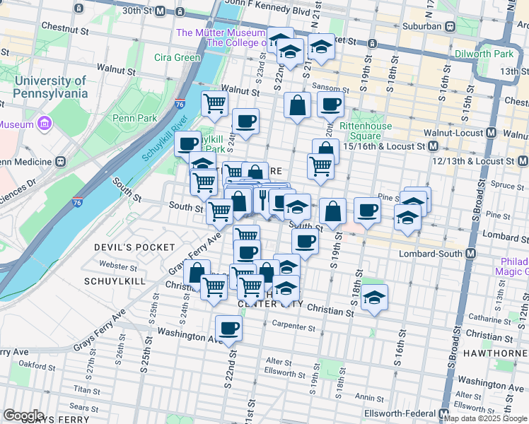 map of restaurants, bars, coffee shops, grocery stores, and more near 2133 Rodman Street in Philadelphia