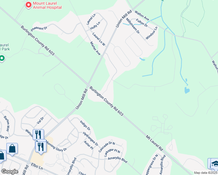 map of restaurants, bars, coffee shops, grocery stores, and more near 14 Wood View Drive in Mount Laurel Township