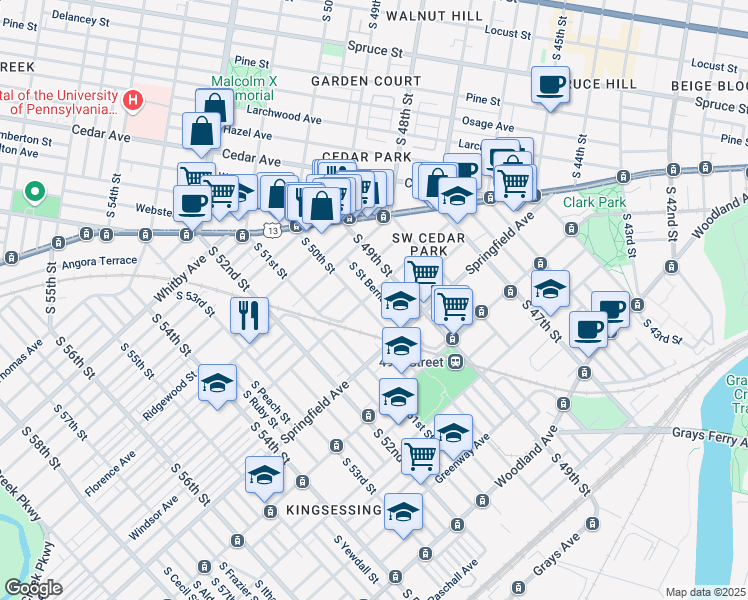 map of restaurants, bars, coffee shops, grocery stores, and more near 4920 Warrington Avenue in Philadelphia