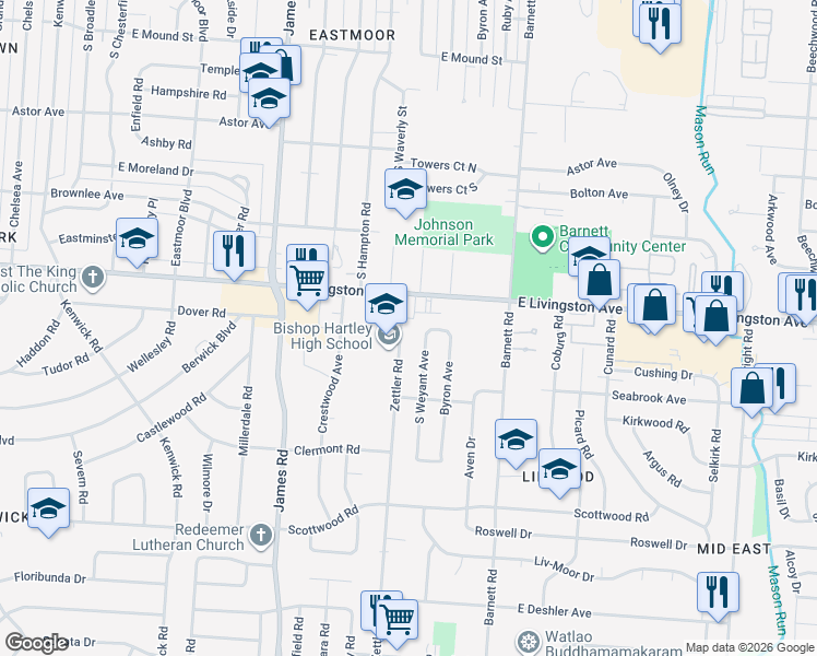 map of restaurants, bars, coffee shops, grocery stores, and more near 1285 Zettler Road in Columbus