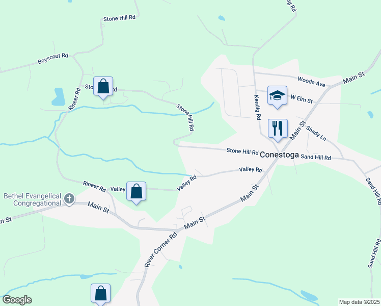 map of restaurants, bars, coffee shops, grocery stores, and more near 220 Stone Hill Road in Conestoga