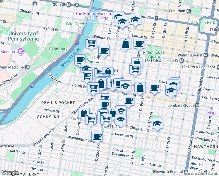 map of restaurants, bars, coffee shops, grocery stores, and more near 517 South 22nd Street in Philadelphia