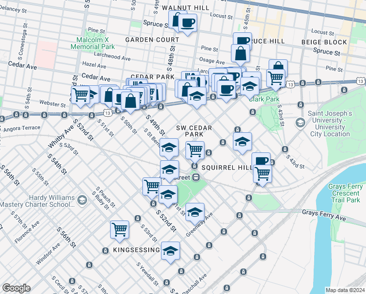 map of restaurants, bars, coffee shops, grocery stores, and more near 4817 Springfield Avenue in Philadelphia