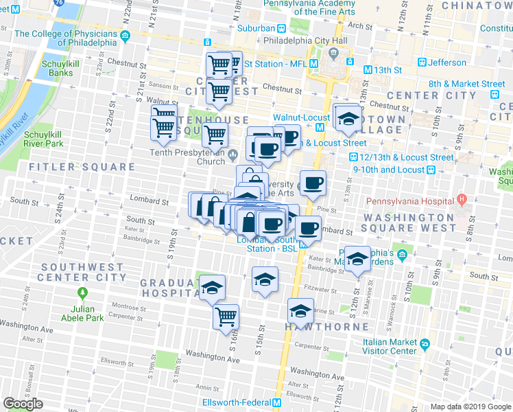 map of restaurants, bars, coffee shops, grocery stores, and more near S 16th St & Waverly St in Philadelphia