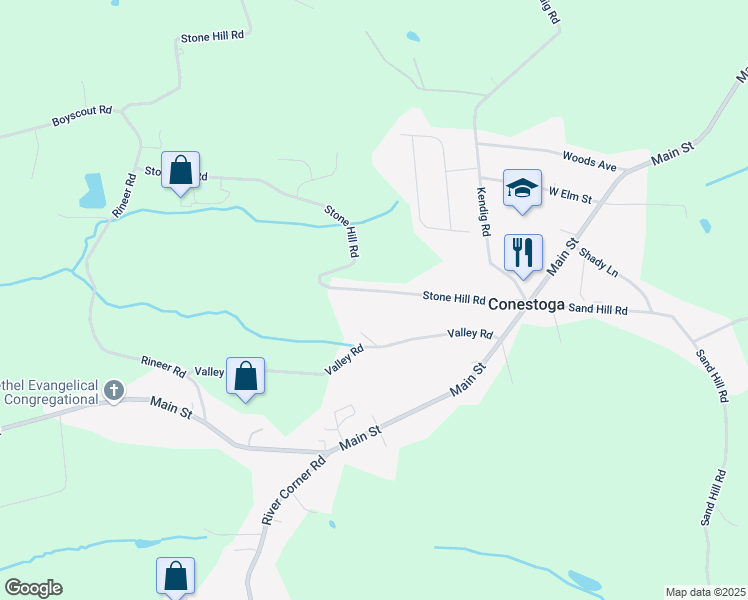 map of restaurants, bars, coffee shops, grocery stores, and more near 200 Stone Hill Road in Conestoga
