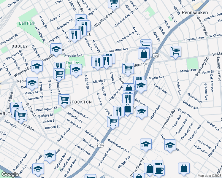 map of restaurants, bars, coffee shops, grocery stores, and more near 5716 Highland Avenue in Pennsauken Township
