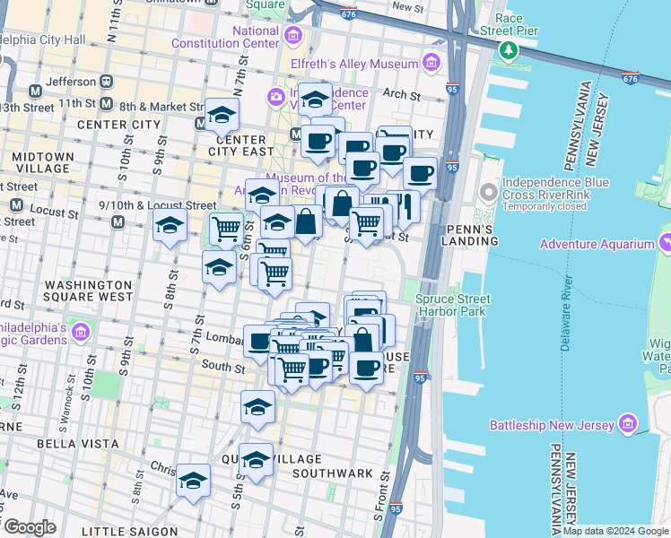 map of restaurants, bars, coffee shops, grocery stores, and more near 250 South 3rd Street in Philadelphia