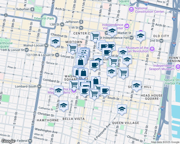 map of restaurants, bars, coffee shops, grocery stores, and more near 801 Pine Street in Philadelphia