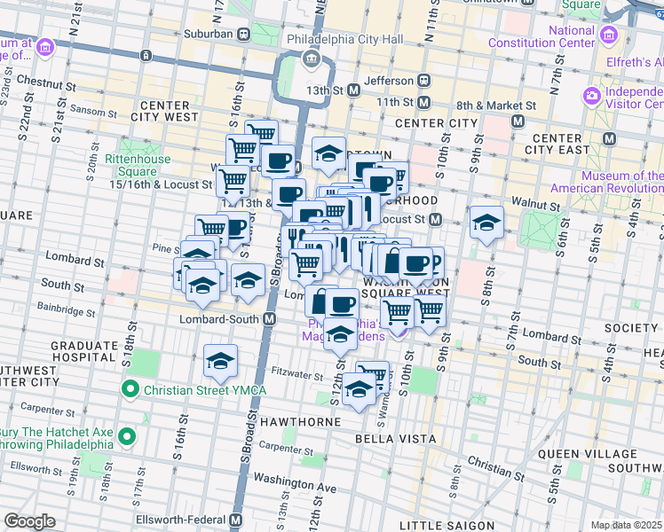 map of restaurants, bars, coffee shops, grocery stores, and more near 1214 Pine Street in Philadelphia