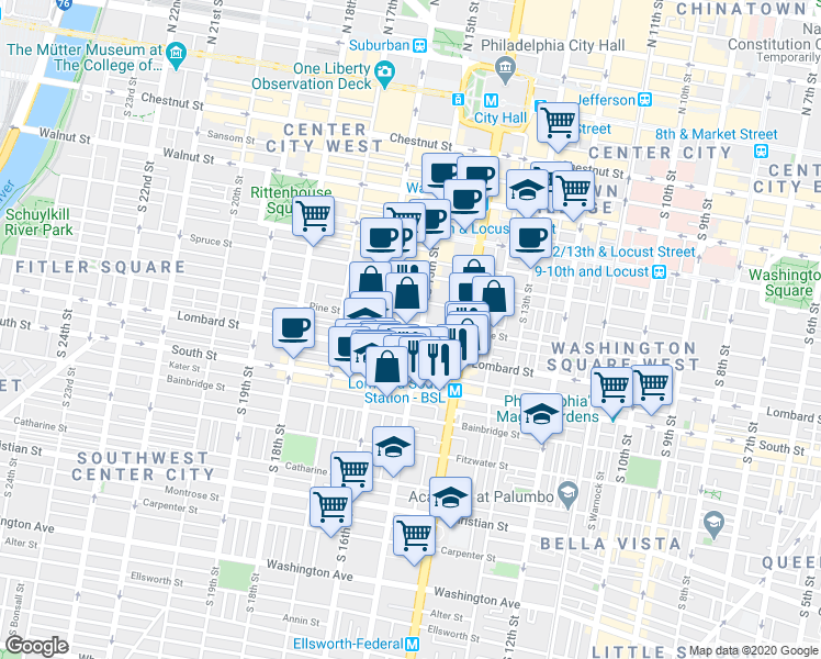map of restaurants, bars, coffee shops, grocery stores, and more near 1431 Lombard Street in Philadelphia