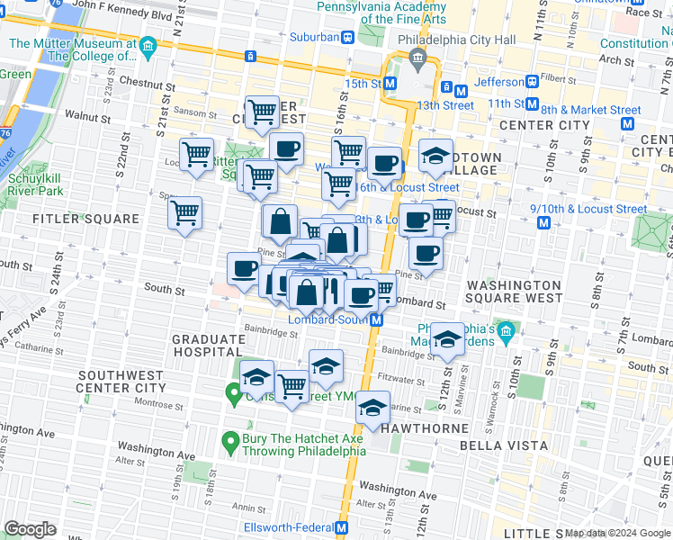 map of restaurants, bars, coffee shops, grocery stores, and more near 1523 Lombard Street in Philadelphia