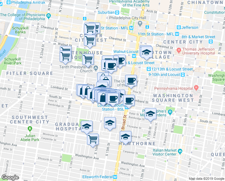map of restaurants, bars, coffee shops, grocery stores, and more near 1523 Lombard Street in Philadelphia
