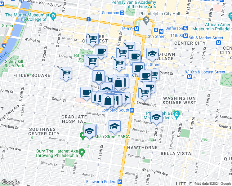 map of restaurants, bars, coffee shops, grocery stores, and more near 1523 Lombard Street in Philadelphia