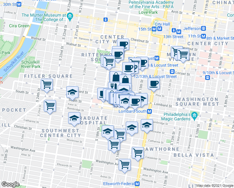 map of restaurants, bars, coffee shops, grocery stores, and more near in Philadelphia