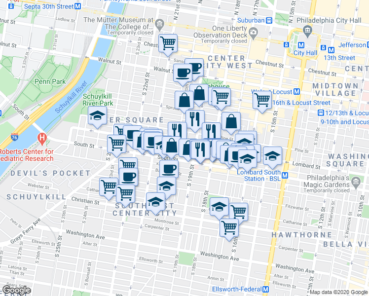 map of restaurants, bars, coffee shops, grocery stores, and more near in Philadelphia
