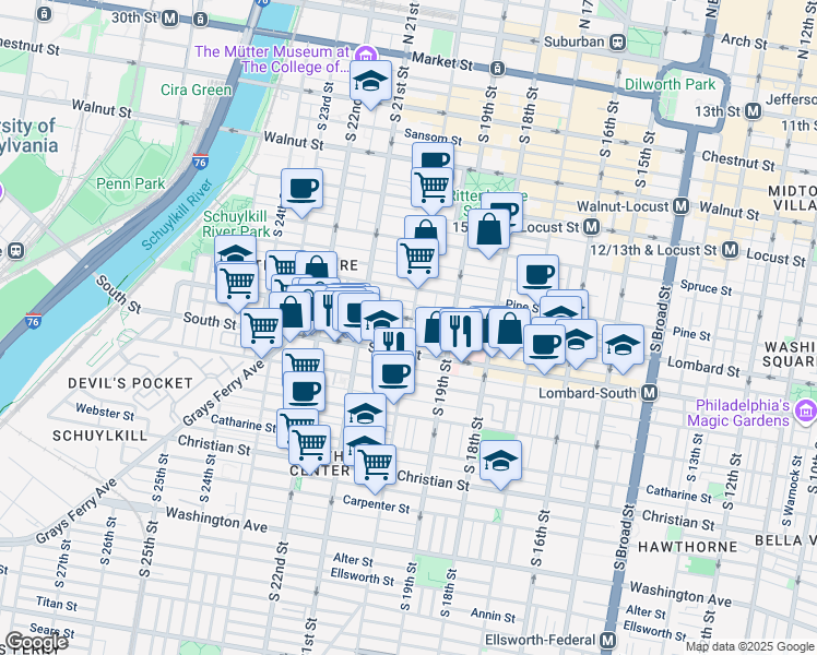 map of restaurants, bars, coffee shops, grocery stores, and more near 2007a South Street in Philadelphia