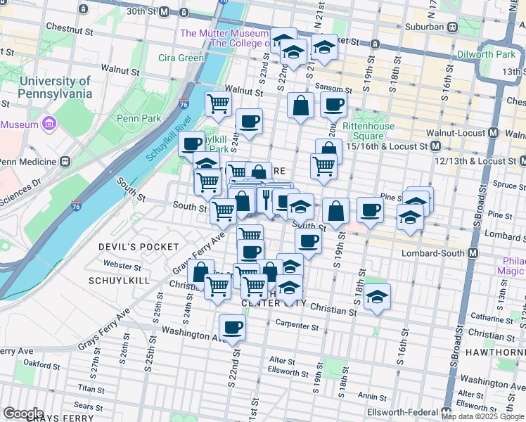 map of restaurants, bars, coffee shops, grocery stores, and more near 517 South 22nd Street in Philadelphia