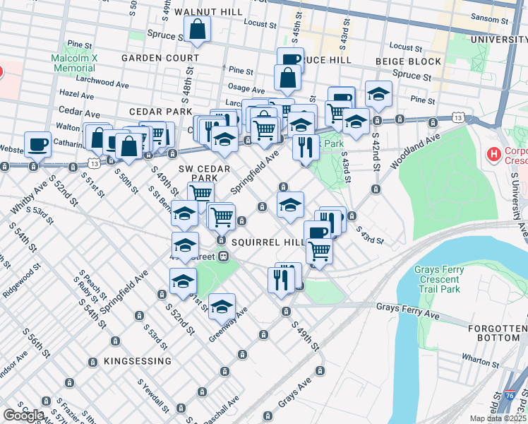map of restaurants, bars, coffee shops, grocery stores, and more near 1115 South 48th Street in Philadelphia