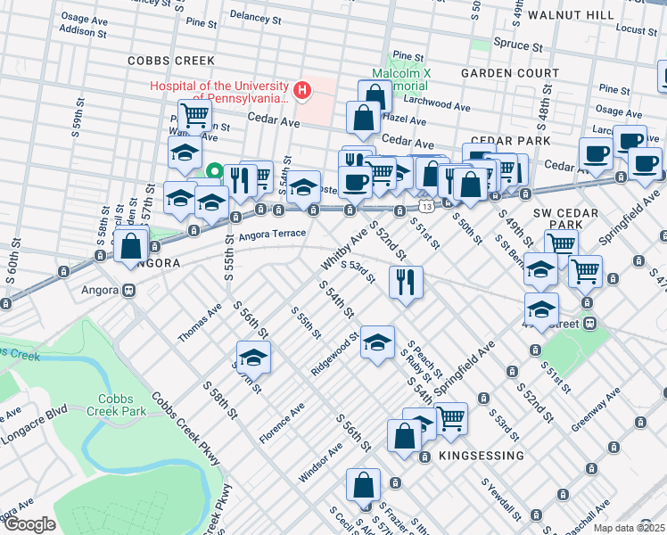 map of restaurants, bars, coffee shops, grocery stores, and more near 5330 Hadfield Street in Philadelphia