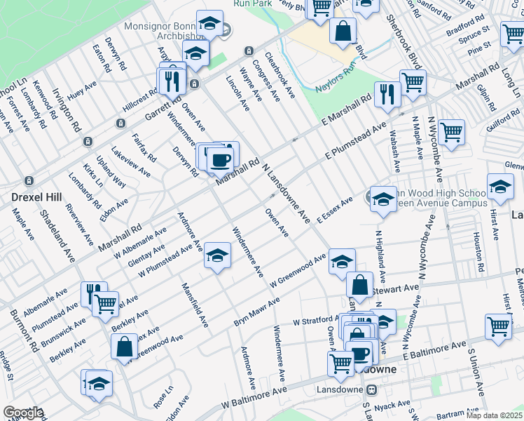 map of restaurants, bars, coffee shops, grocery stores, and more near 63 Drexel Avenue in Lansdowne