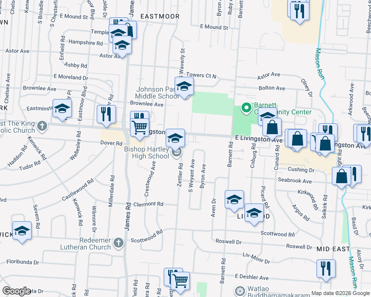 map of restaurants, bars, coffee shops, grocery stores, and more near 1285 Zettler Road in Columbus