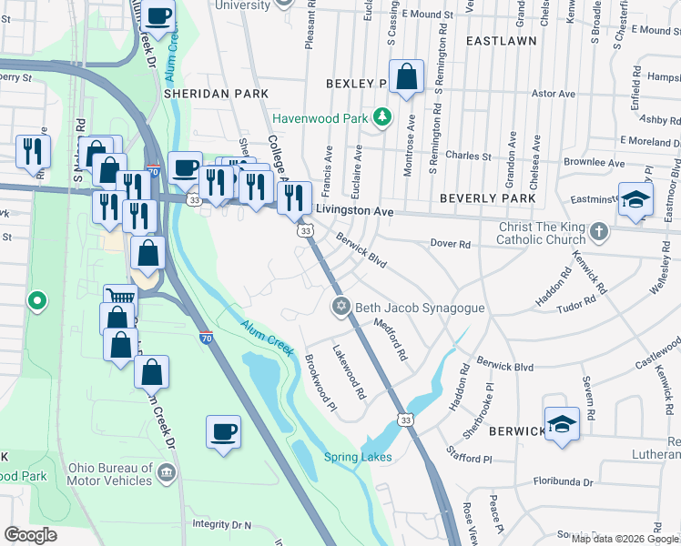map of restaurants, bars, coffee shops, grocery stores, and more near 1156 South Cassingham Road in Columbus